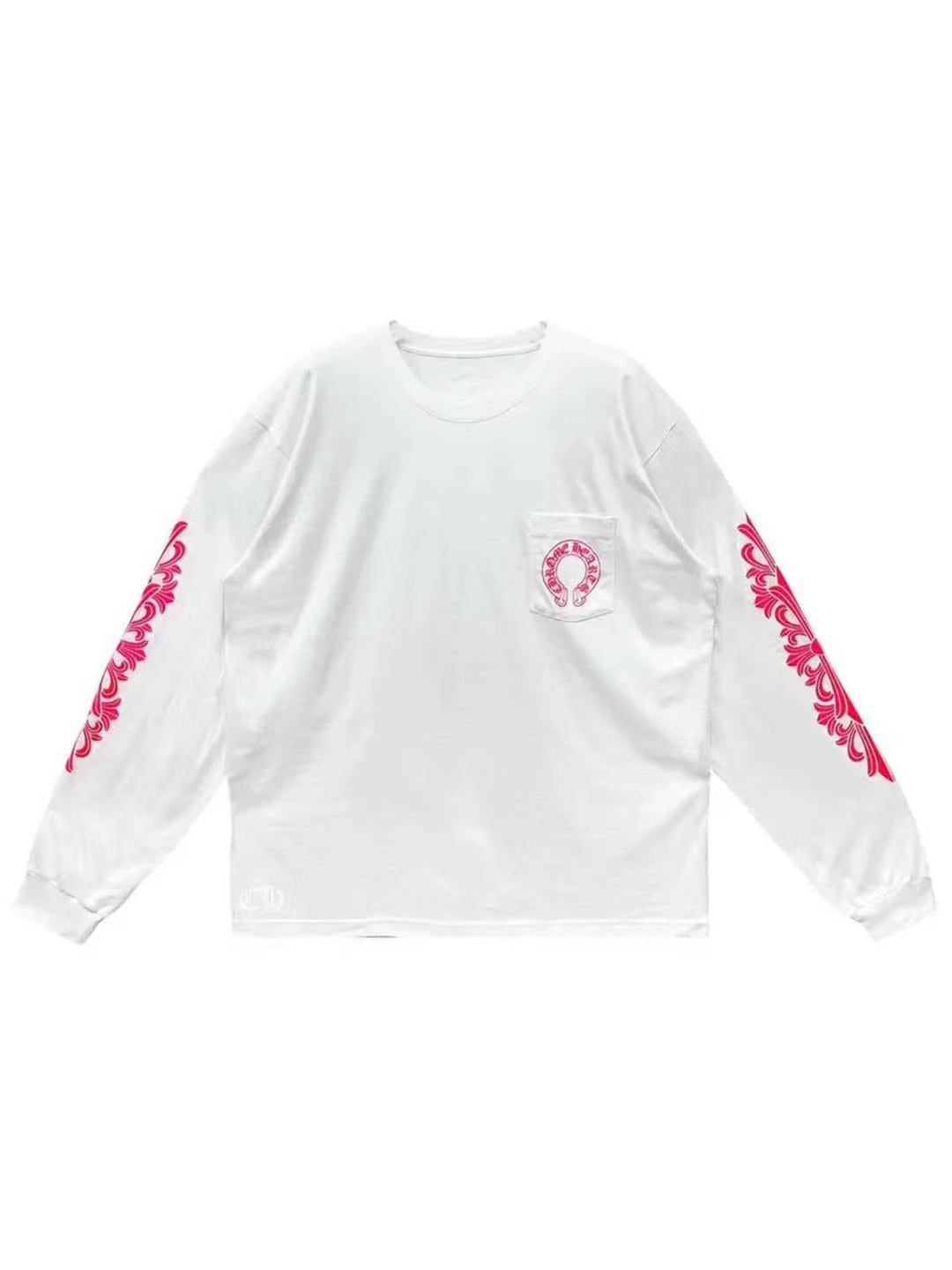 Chrome Hearts Pink Horseshoe Logo with Floral Sleeve LS Tee White