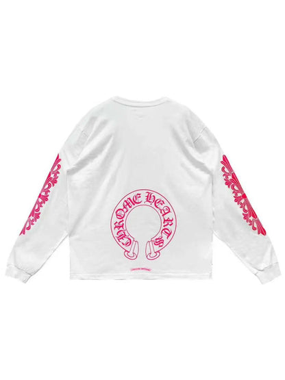 Chrome Hearts Pink Horseshoe Logo with Floral Sleeve LS Tee White