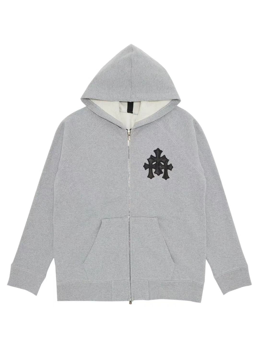 Chrome Hearts Black Leather Cross Zip Hoodie Grey