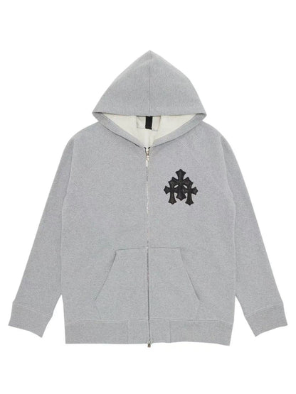 Chrome Hearts Black Leather Cross Zip Hoodie Grey