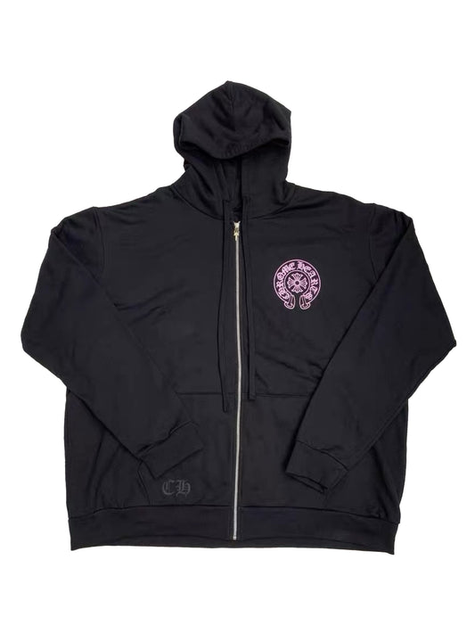 Chrome Hearts Pink Horseshoe Zip Hoodie Black CHENGDU Edition