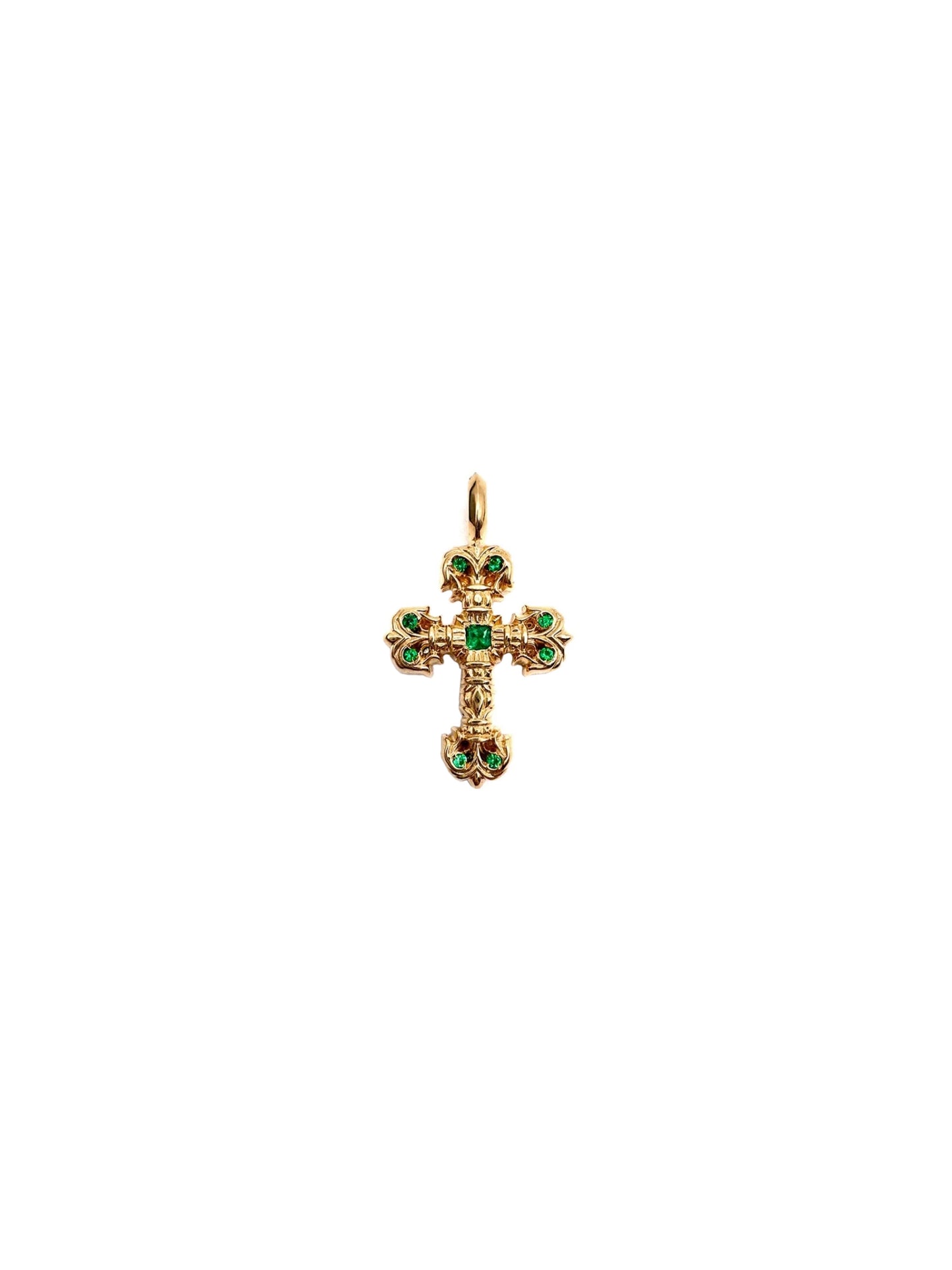 Chrome Hearts 22K Gold Tiny Filigree Cross with Emerald Pendant