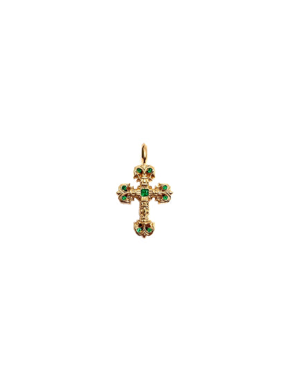 Chrome Hearts 22K Gold Tiny Filigree Cross with Emerald Pendant