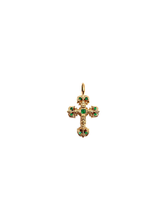 Chrome Hearts 22K Gold Tiny Filigree Cross with Emerald Pendant