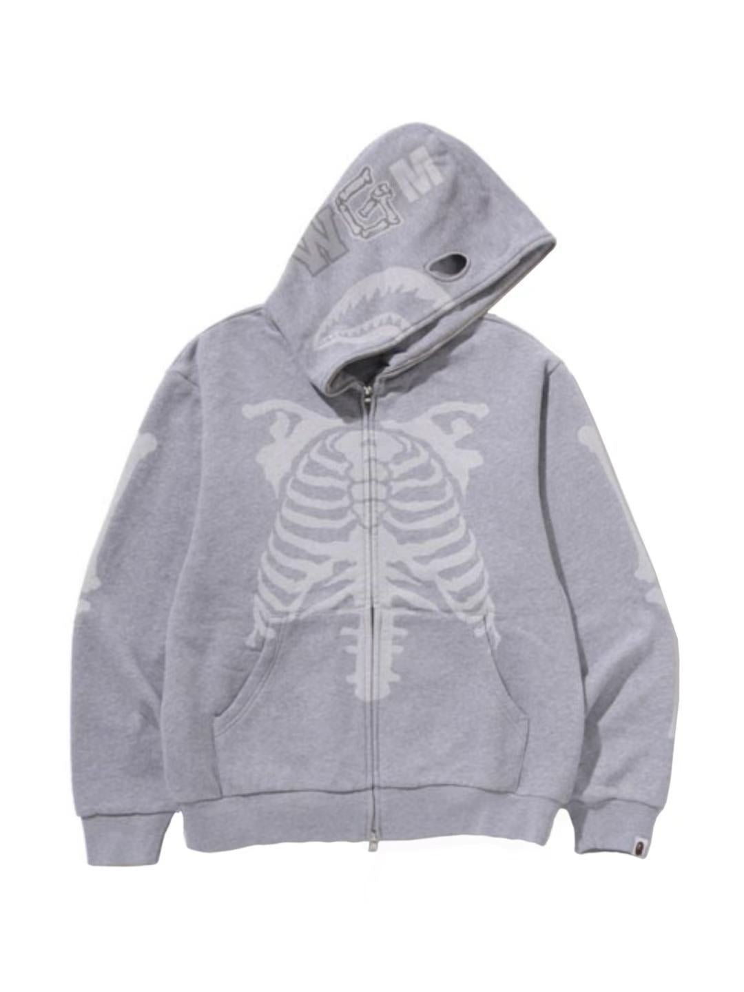 Bape Skeleton Shark Heavy Washed Cropped Fit Full Zip Hoodie Grey