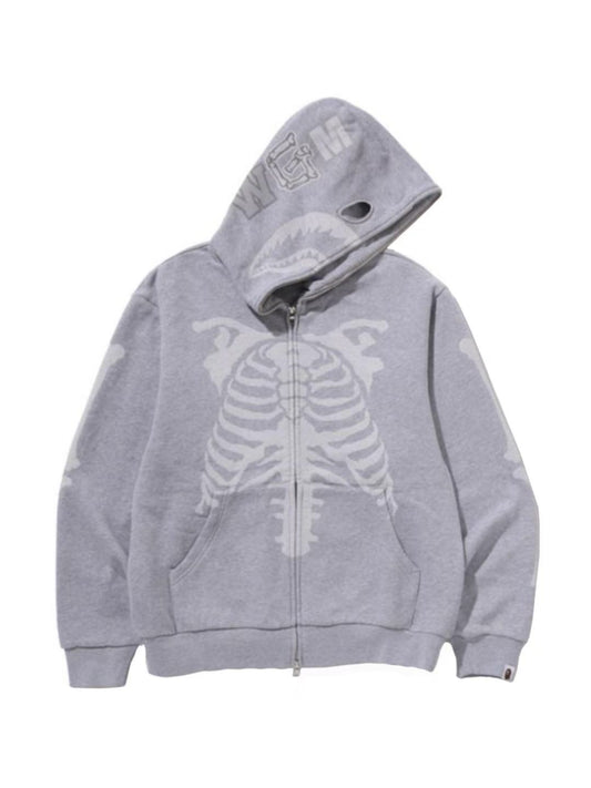Bape Skeleton Shark Heavy Washed Cropped Fit Full Zip Hoodie Grey