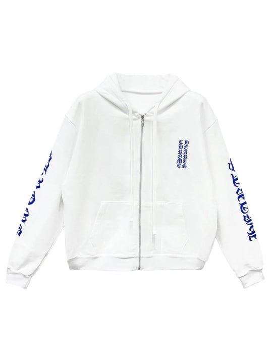Chrome Hearts Blue Vertical Logo Zip Hoodie White