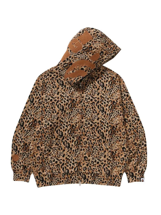 Bape Wild Leopard Pattern Shark Full Zip Hoodie Brown