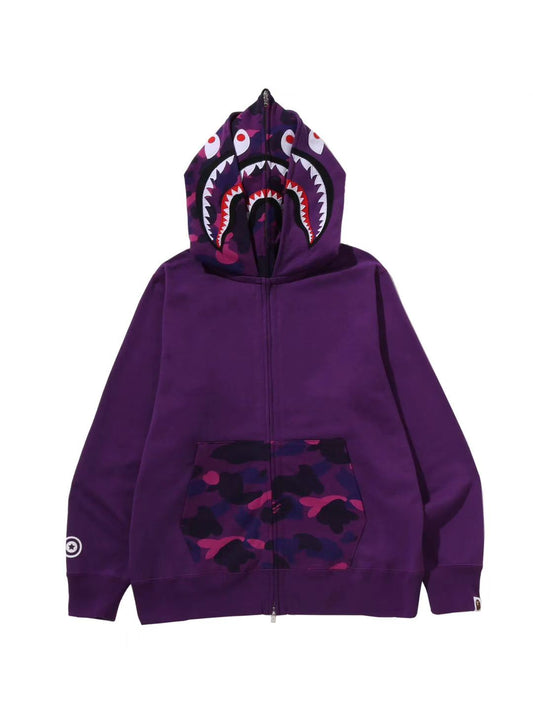 Bape Color Camo Shark Full Zip Double Hoodie Purple