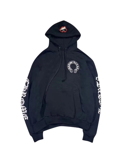 Chrome Hearts Matty Boy Red Chomper on Hood Logo Script Sleeve Horseshoe Logo Back Hoodie Black Size XXL C118460490-Used