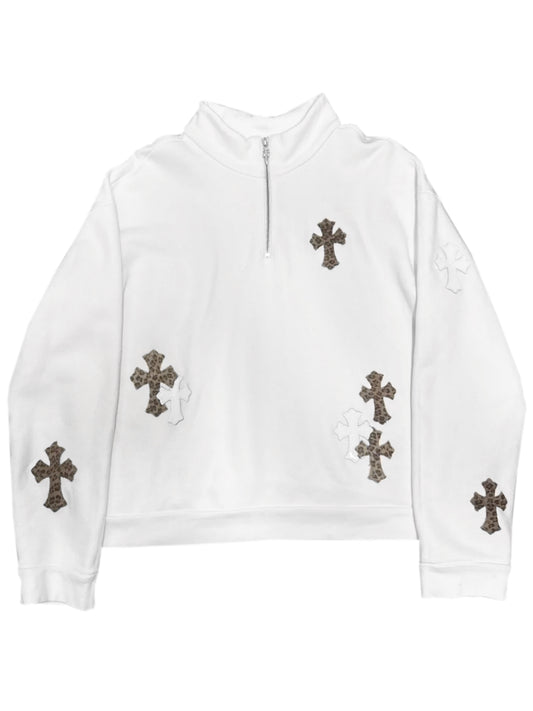 Chrome Hearts White Leopard Cross Patch Quarter Zip Jacket White