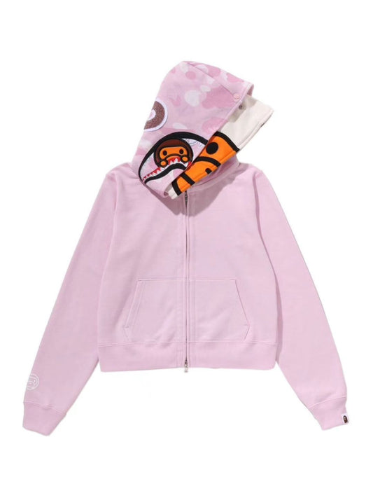 Bape Milo Shark Cropped Full Zip Double Hoodie Ladies Pink