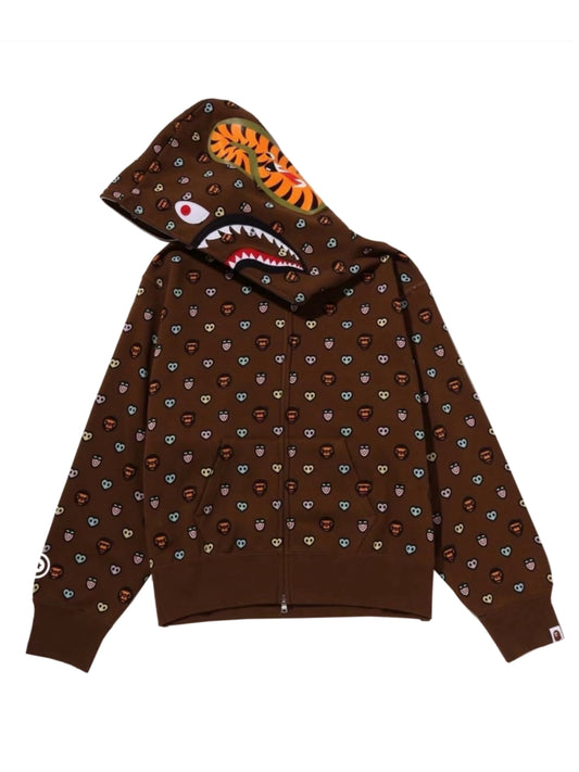 Bape Milogram Sweets Pattern Shark Full Zip Hoodie Brown
