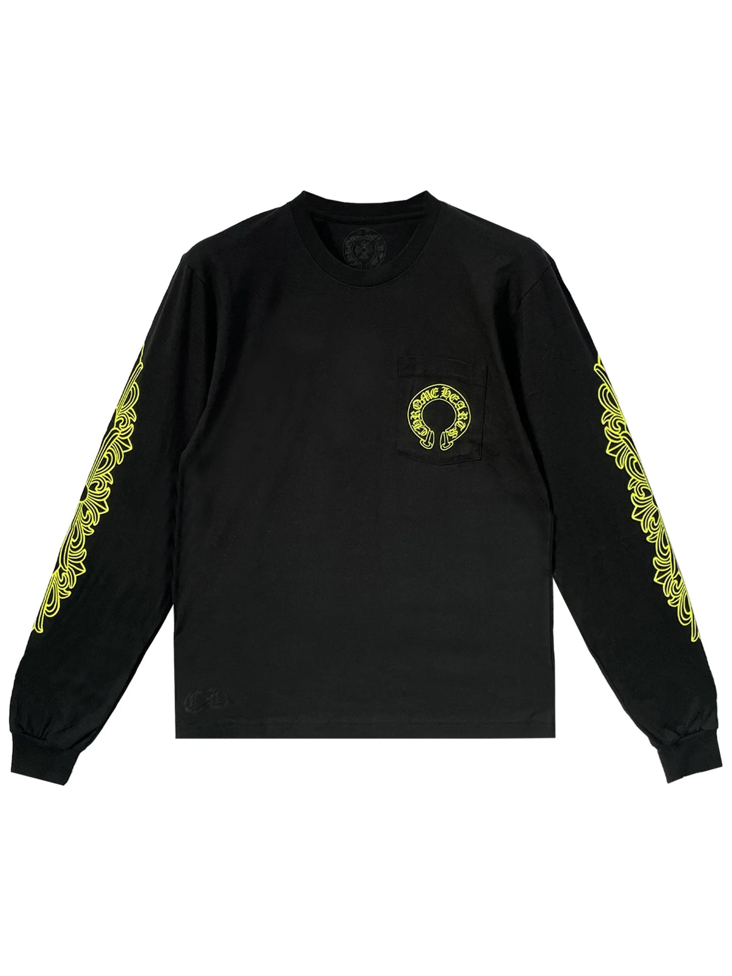 Chrome Hearts Neon Green Horseshoe Logo Floral Sleeve LS Tee Black