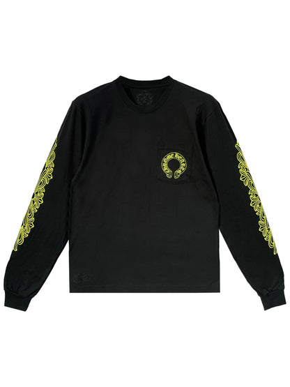 Chrome Hearts Neon Green Horseshoe Logo Floral Sleeve LS Tee Black