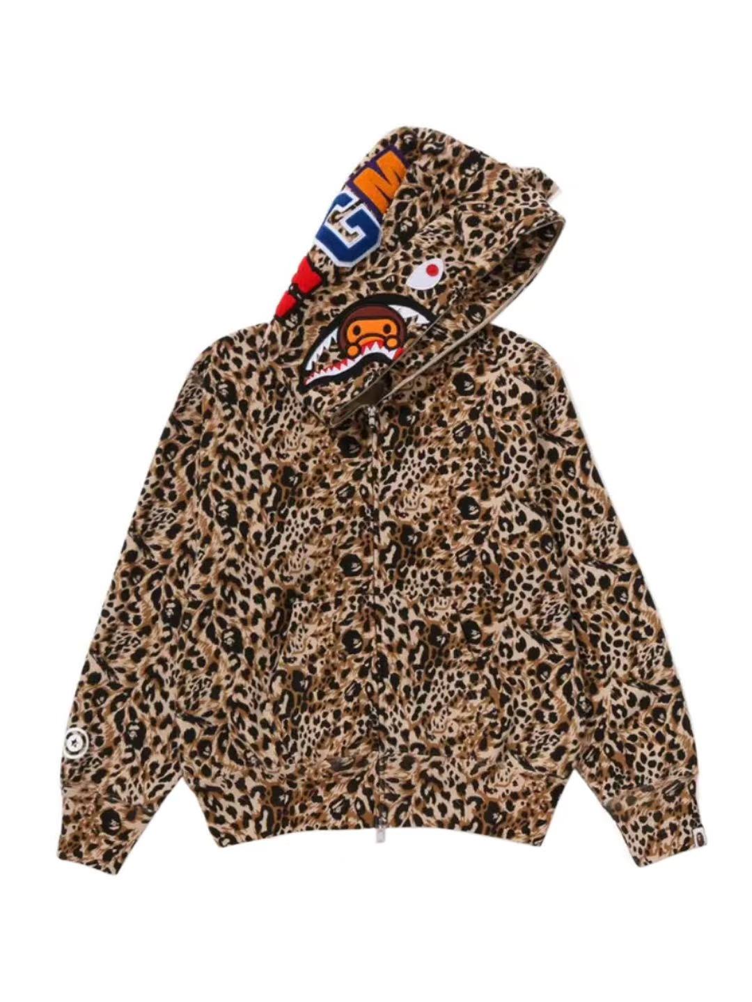Bape Wild Leopard Pattern Milo Shark Full Zip Hoodie Beige