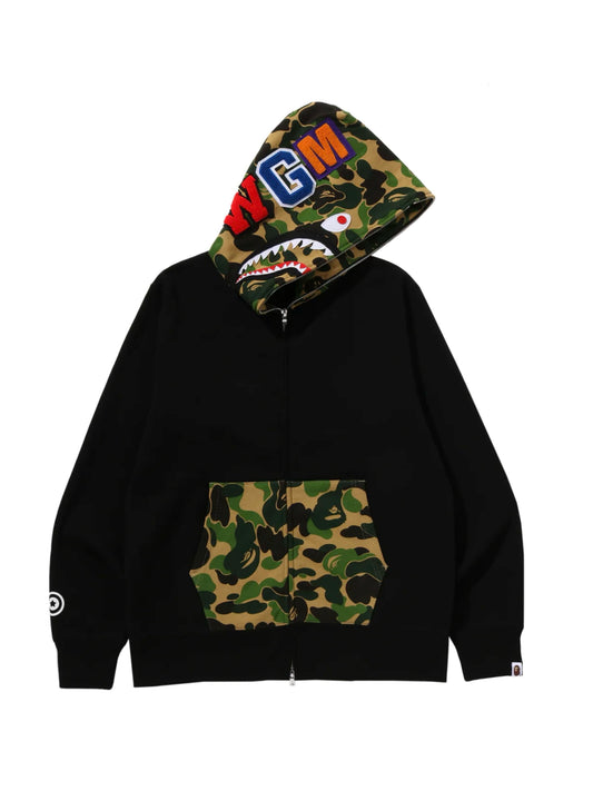 Bape ABC Green Camo Shark Full Zip Hoodie Black