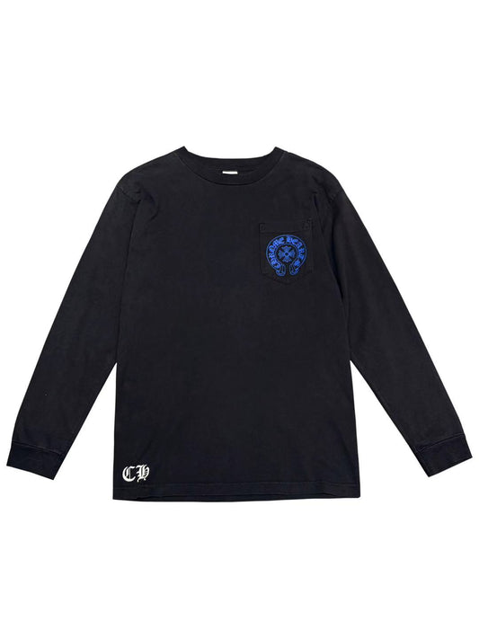Chrome Hearts Vintage Blue Horseshoe Logo Front Big Cross Back LS Tee Black Size M C118445991-Used