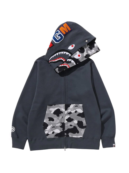 Bape 1st Camo Shark Full Zip Double Hoodie Grey Grey