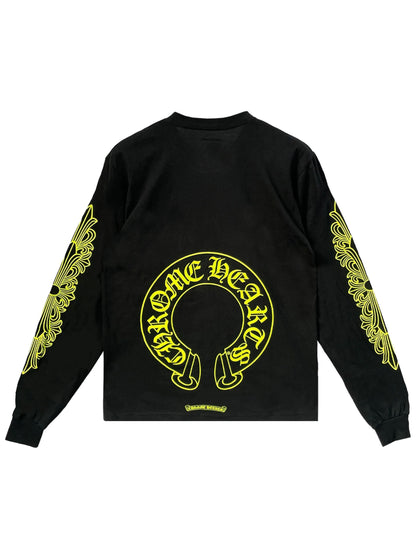 Chrome Hearts Neon Green Horseshoe Logo Floral Sleeve LS Tee Black