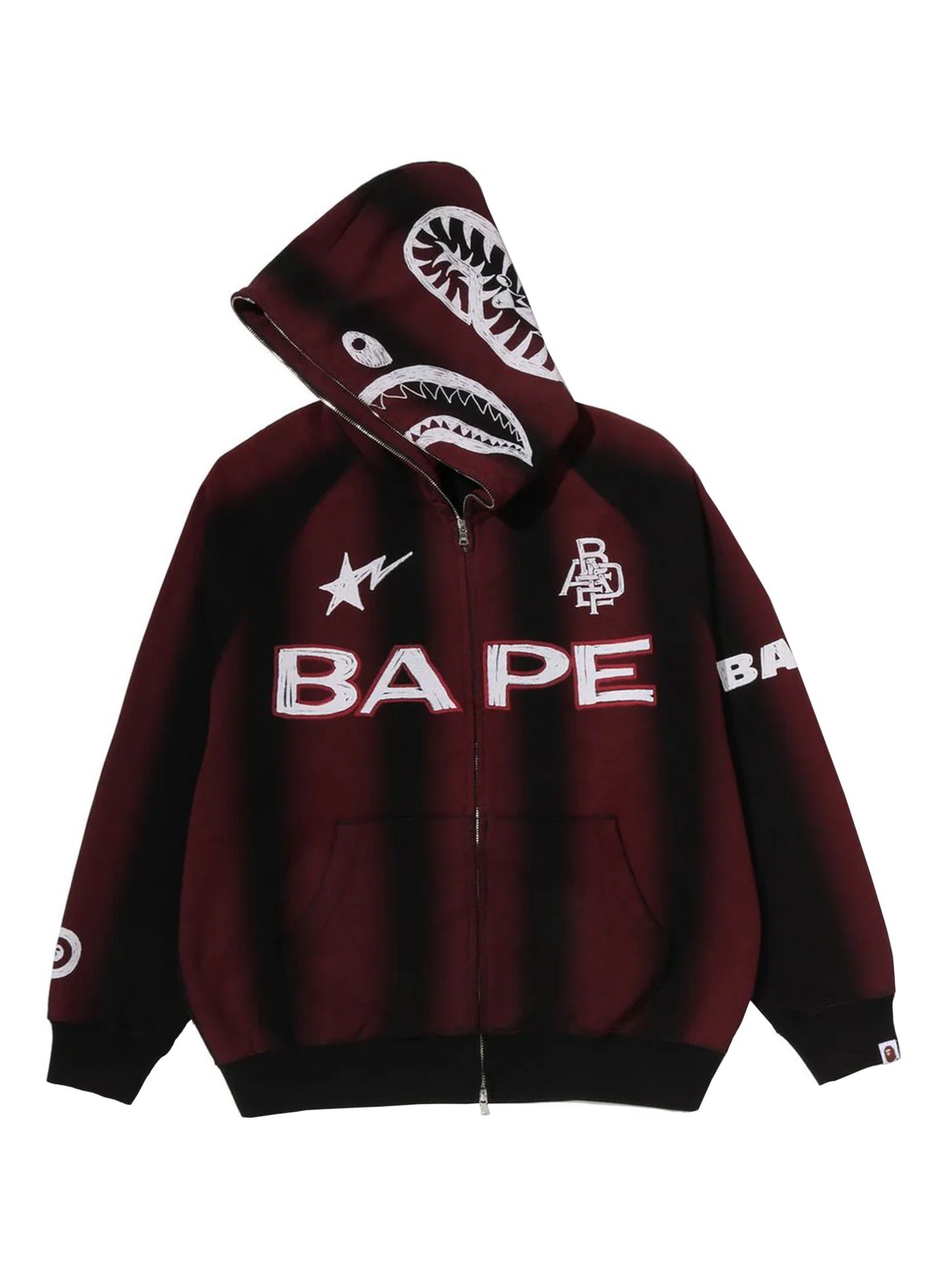 Bape Hand Draw Football Shark Full Zip Hoodie Relaxed Fit Red