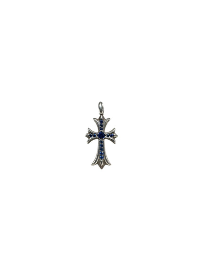 Chrome Hearts Blue Sapphire Tiny CH Cross Silver Pendant