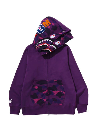 Bape Color Camo Shark Full Zip Double Hoodie Purple