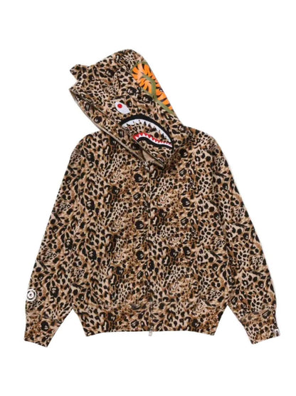 Bape Wild Leopard Pattern Milo Shark Full Zip Hoodie Beige