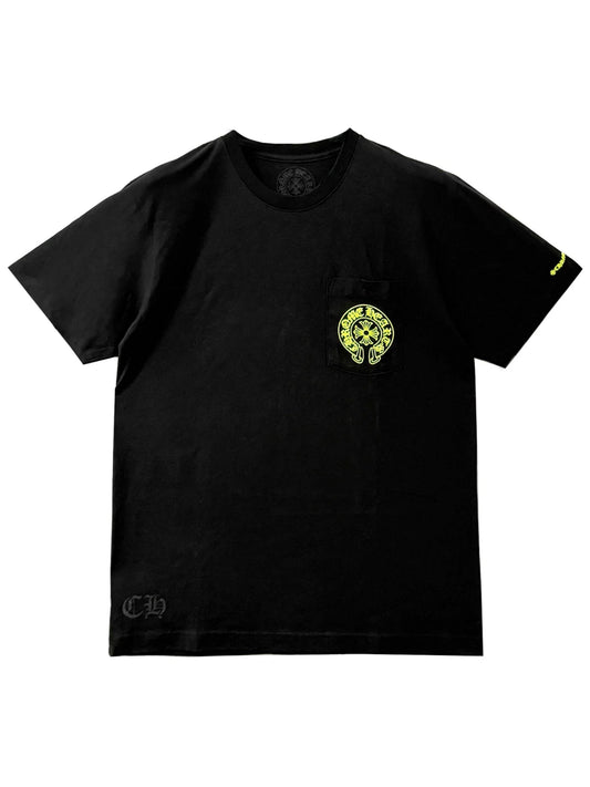 Chrome Hearts Neon Green Horseshoe Logo Floral Sleeve Tee Black