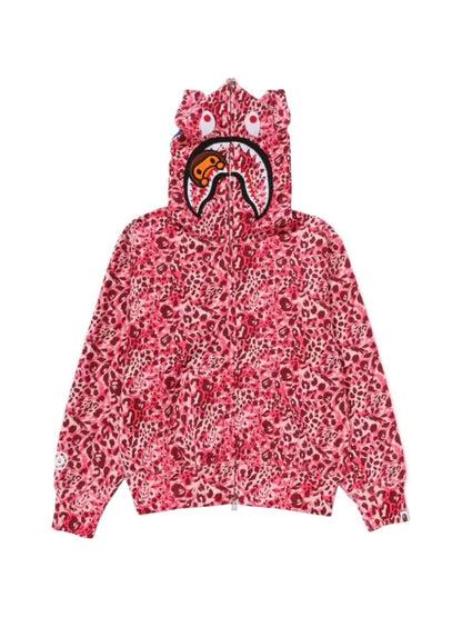 Bape Wild Leopard Pattern Milo Shark Full Zip Hoodie Pink