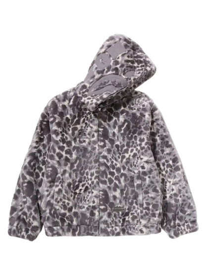Bape Wild Leopard Pattern Faux Fur Shark Full Zip Jacket Silver