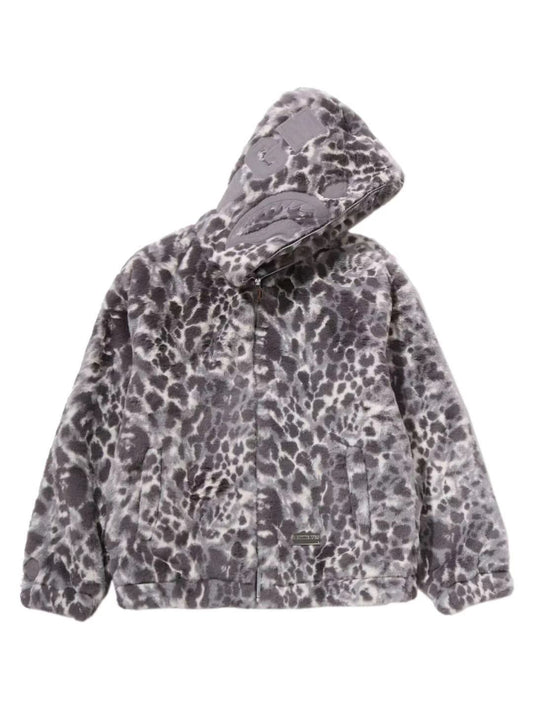 Bape Wild Leopard Pattern Faux Fur Shark Full Zip Jacket Silver