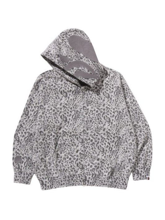 Bape Wild Leopard Pattern Shark Relaxed Fit Full Zip Hoodie Silver