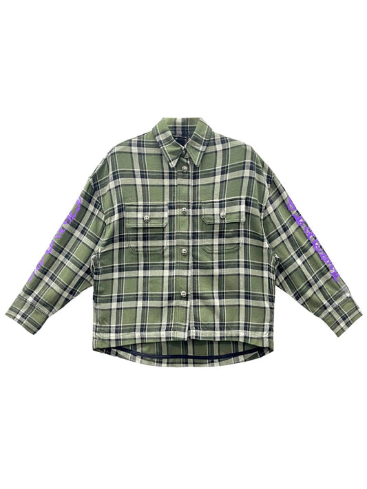 Chrome Hearts Work Dog Green Plaid Purple Floral Sleeve Flannel Jacket Green
