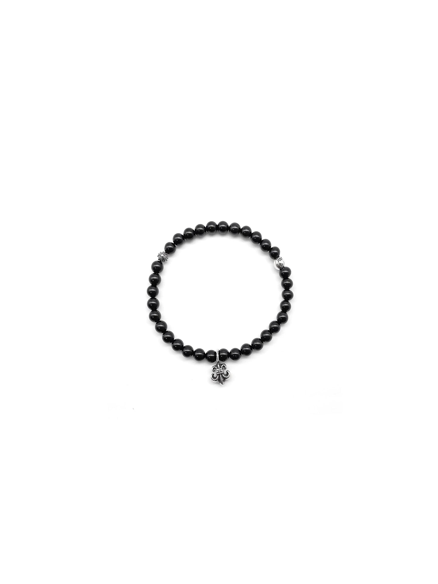 Chrome Hearts 6mm Black Bead with Silver Fleur Pendant Bracelet