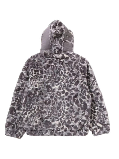 Bape Wild Leopard Pattern Faux Fur Shark Full Zip Jacket Silver
