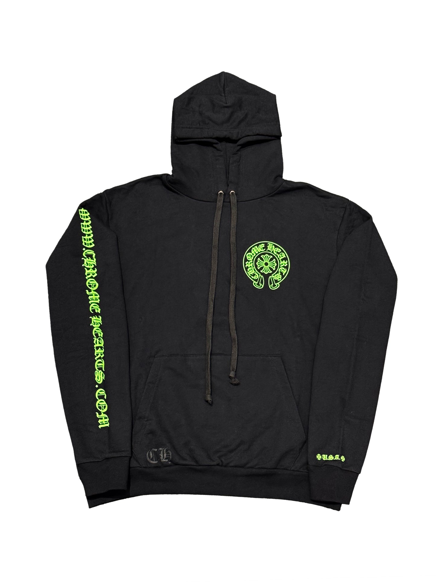 Chrome Hearts Green Website Sleeve Horseshoe Logo Leather Patches Silver Scroll Tag Back Friends and Family Autographed Hoodie Black
