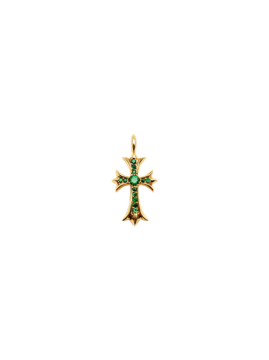 Chrome Hearts 22K Gold Cross With Green Sapphire Pendant