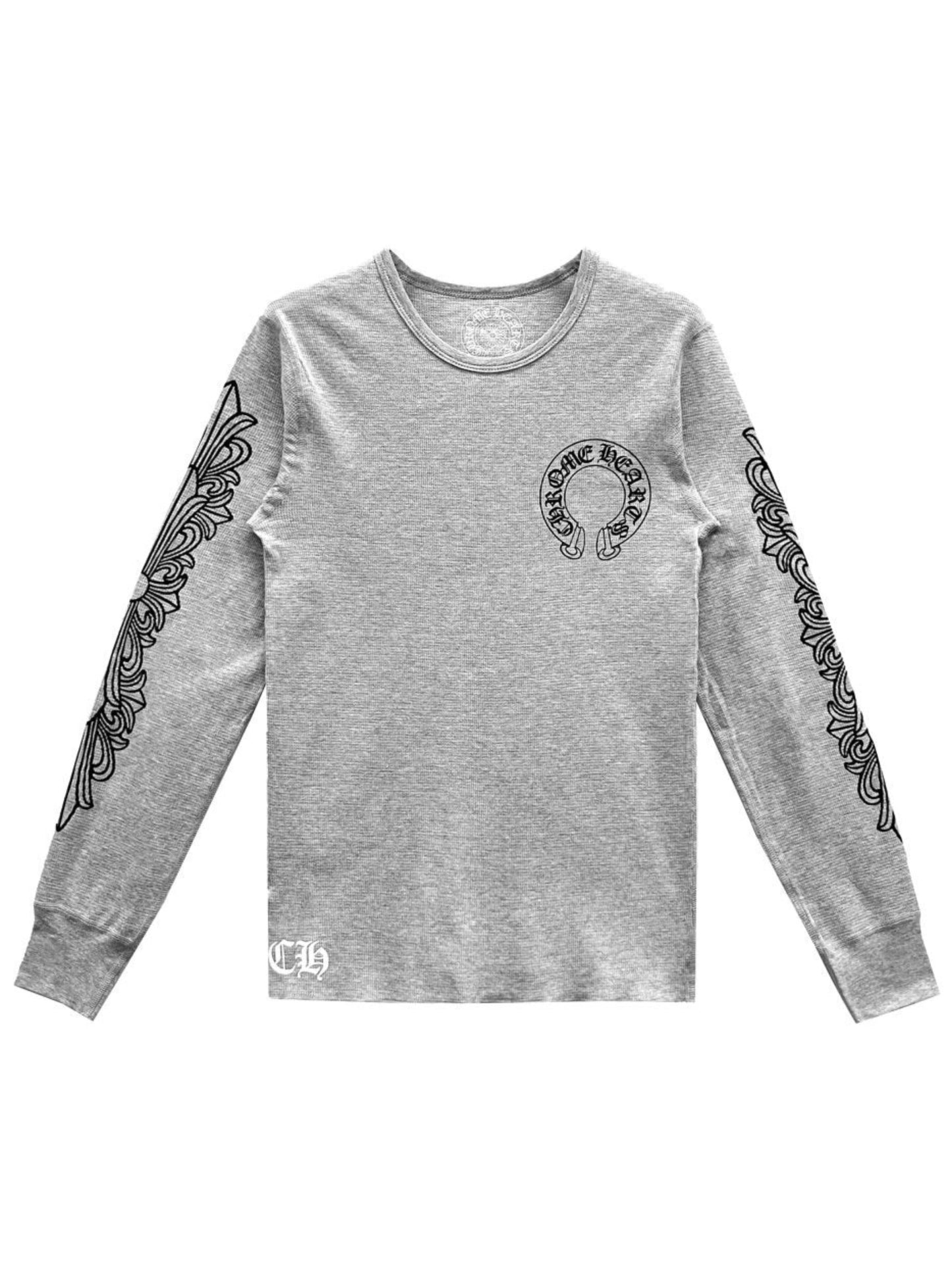 Chrome Hearts Horseshoe Logo Floral Sleeve Waffle Thermal LS Tee Grey