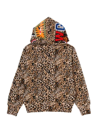 Bape Wild Leopard Pattern Milo Shark Full Zip Hoodie Beige