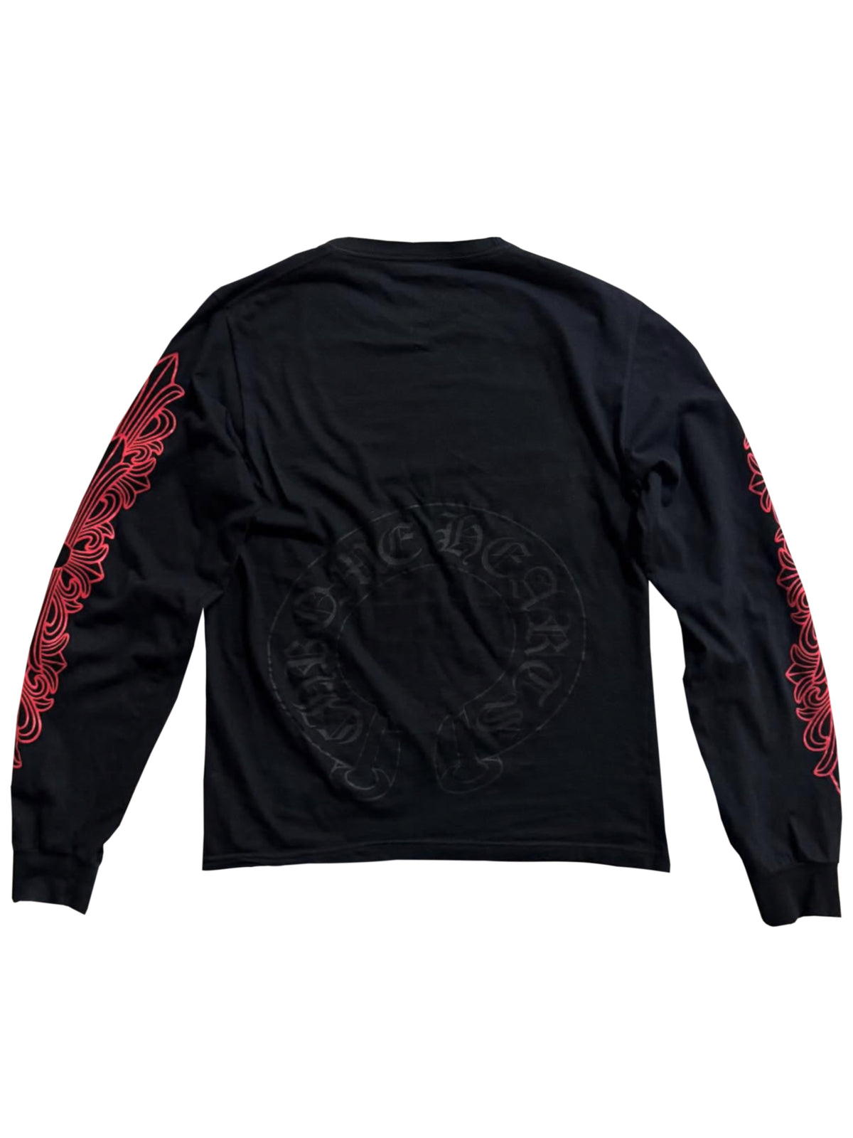 Chrome Hearts Dark Red Floral Sleeve Black Horseshoe Logo Back LS Tee Black
