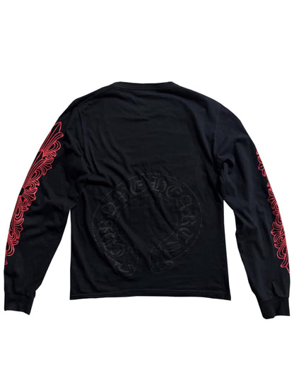 Chrome Hearts Dark Red Floral Sleeve Black Horseshoe Logo Back LS Tee Black