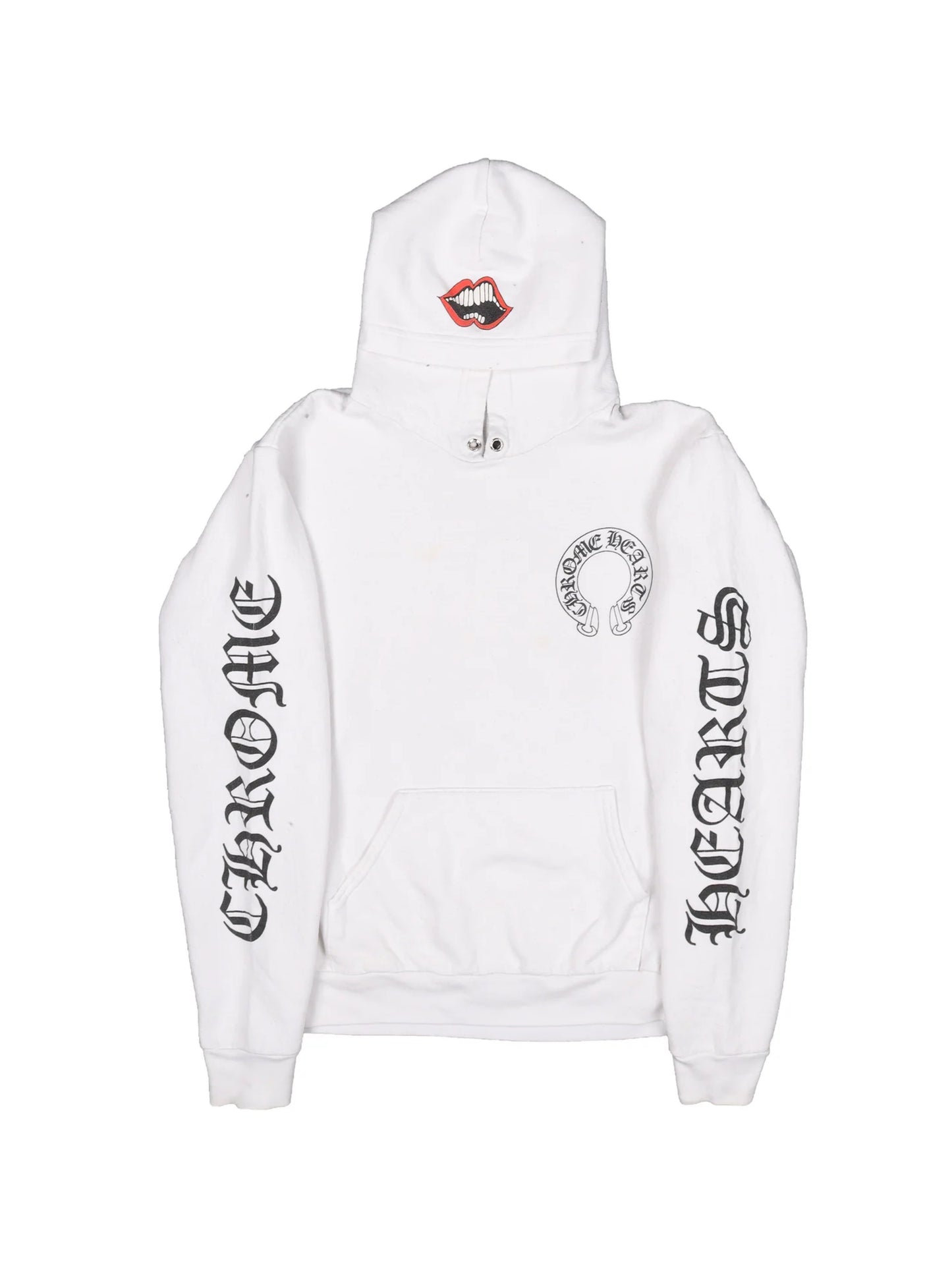 Chrome Hearts Matty Boy Red Chomper on Hood Logo Script Sleeve Horseshoe Logo Back Hoodie White Size M C118468330-Used