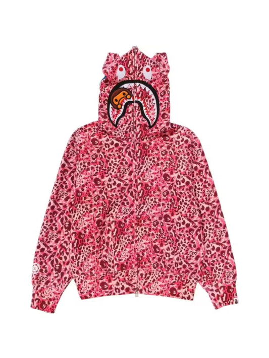 BAPE Wild Leopard Pattern Milo Shark Full Zip Hoodie Pink