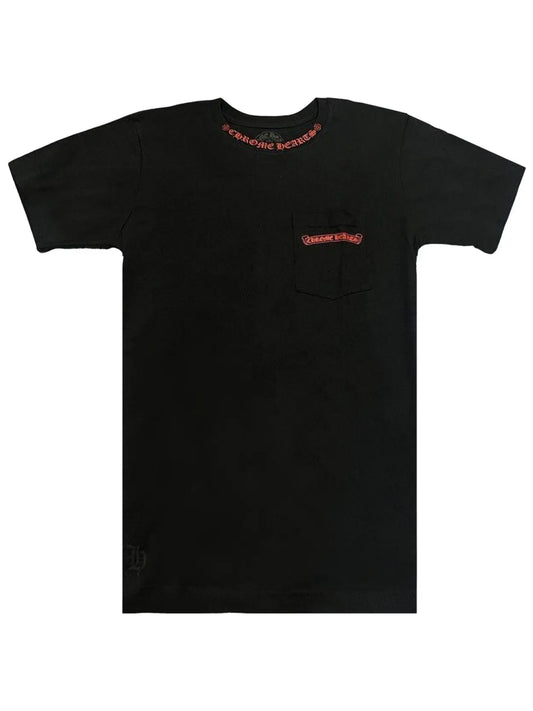 Chrome Hearts Red Scroll Logo Front Neck Script Horseshoe Logo Back Pocket Tee Black