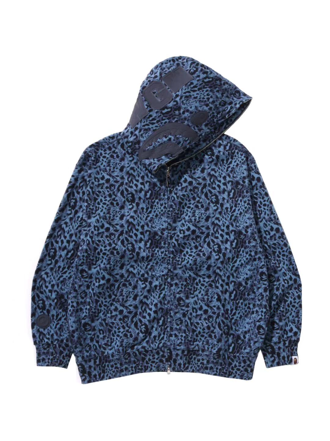 Bape Wild Leopard Pattern Shark Full Zip Hoodie Blue