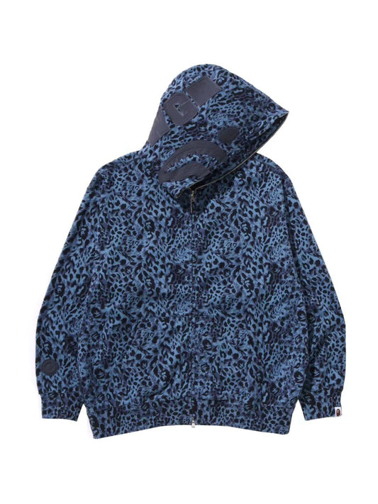 Bape Wild Leopard Pattern Shark Full Zip Hoodie Blue