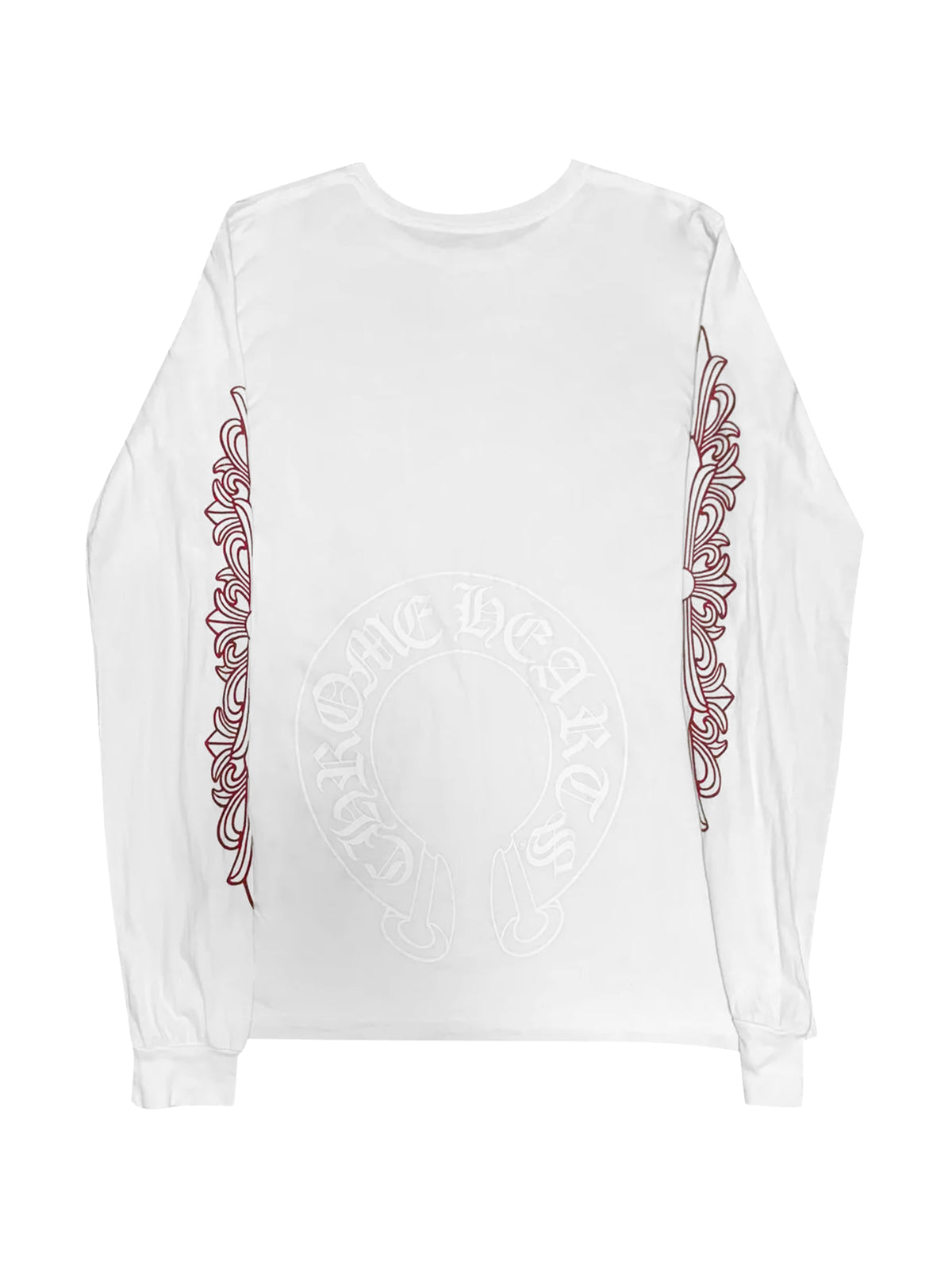 Chrome Hearts Dark Red Floral Sleeve White Horseshoe Logo Back LS Tee White