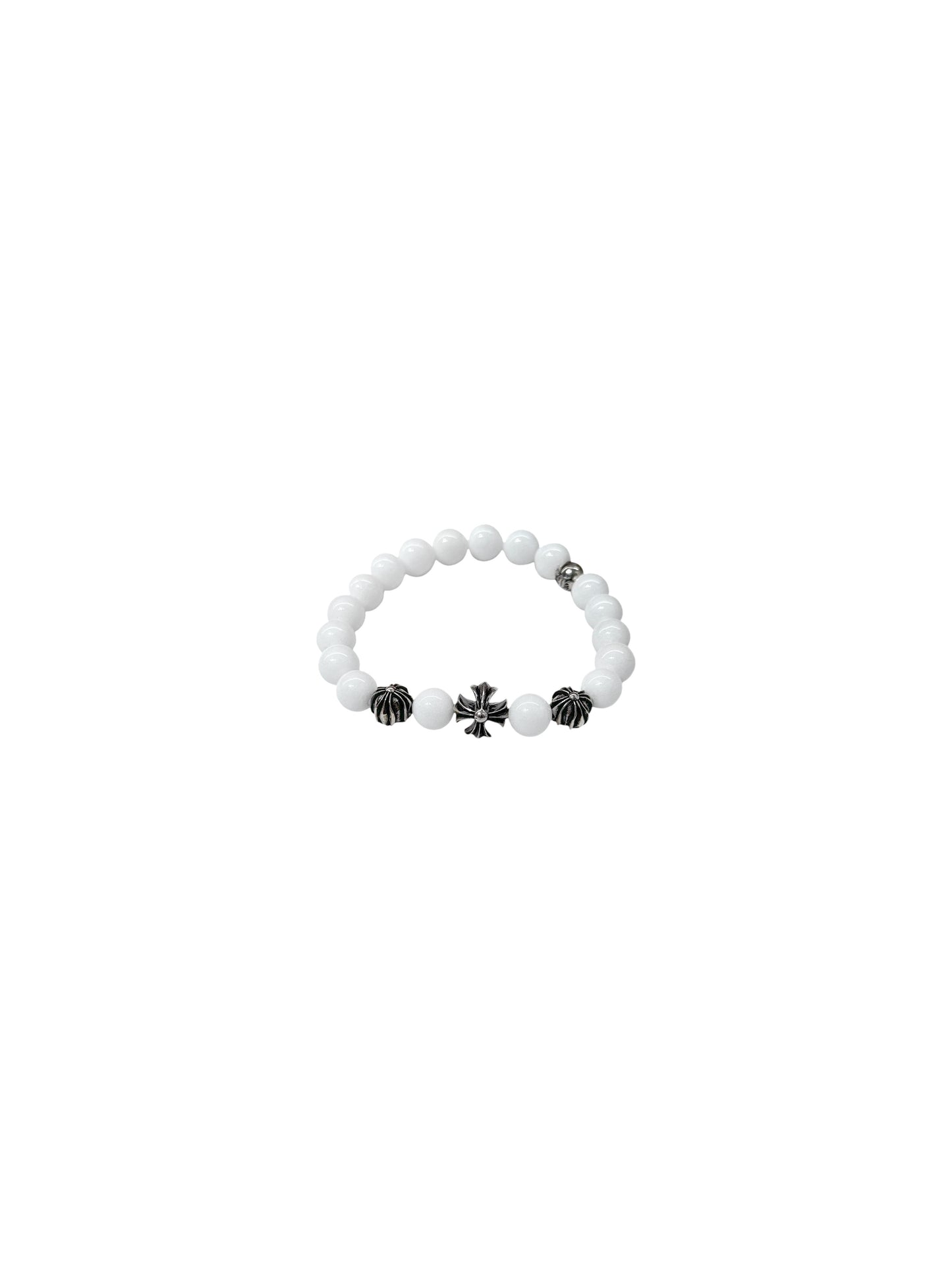Chrome Hearts 8mm Pure White Beaded Bracelet with Four Silver Balls