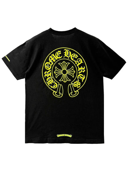 Chrome Hearts Neon Green Horseshoe Logo Floral Sleeve Tee Black